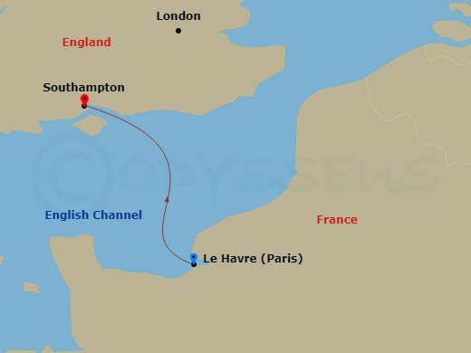 MSC Virtuosa - 1 Night - Msc Grand Voyages - MSC Virtuosa - Starting in Le Havre (Paris), France, Southampton (London), United Kingdom itinerary map
