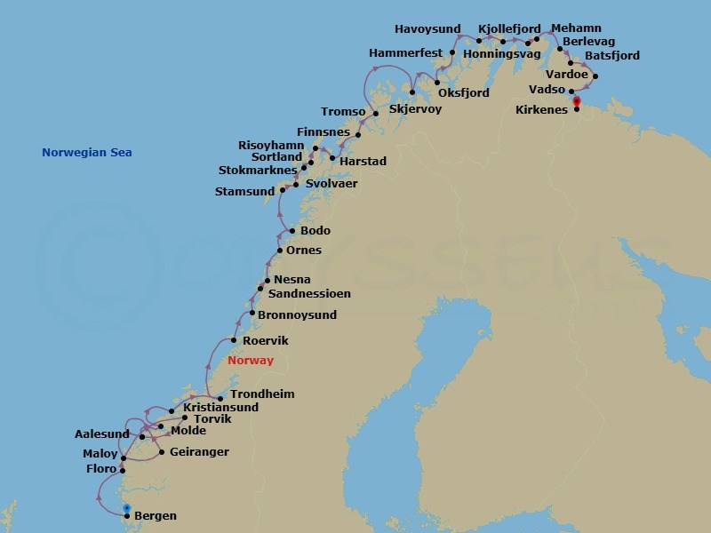 6 Night - The Coastal Express - North - MS Nordlys - Starting in Bergen, Floro, Maloy, Torvik, Alesund, Geiranger, Norway, Alesund, Molde, Kristiansund, Trondheim, Rorvik, Bronnoysund, Sandnessjoen, Nesna, Ornes, Bodo, Stamsund, Svolvar, Stokmarknes, Sortland, Risoyhamn, Harstad, Finnsnes, Tromso, Skjervoy, Oksfjord, Hammerfest, Havoysund, Honningsvag, Kjollefjord, Mehamn, Berlevag, Batsfjord, Vardo, Vadso, Kirkenes itinerary map