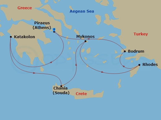Seven Seas Splendor - 7 Night - Inspired Greek Isles - Seven Seas Splendor - Starting in Athens (Piraeus), Cruising the Mediterranean Sea, Katakolon, Chania (Crete), Mykonos, Rhode.. itinerary map