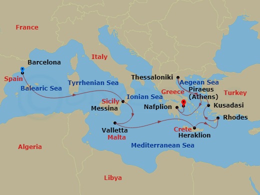Celebrity Infinity - 13 Night - Greece, Italy & Turkey Cruise - Celebrity Infinity - Starting in Barcelona, Spain, Sicily (Messina), Italy, Valletta, Malta, Heraklion (Iraklion),.. itinerary map