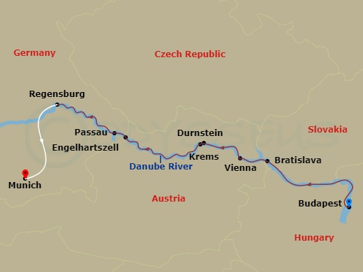 Emerald Astra - 7 Night - Danube Delights - Emerald Astra - Starting in Budapest, Bratislava, Vienna, Durnstein / Melk, Engelhartszell / Passau, Regensburg itinerary map
