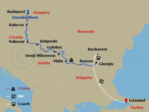 Emerald Astra - 11 Night - Enchantment of Eastern Europe & Istanbul - Emerald Astra - Starting in Budapest, Kalocsa, Vukovar, Belgrade, Golubac / Donji Milanovac, Vidin, Rous.. itinerary map