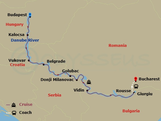 Emerald Astra - 10 Night - Enchantment of Eastern Europe with Budapest and Bucharest - Emerald Astra - Starting in Budapest, Kalocsa, Vukovar, Belgrade, Golubac / Donji Milan.. itinerary map