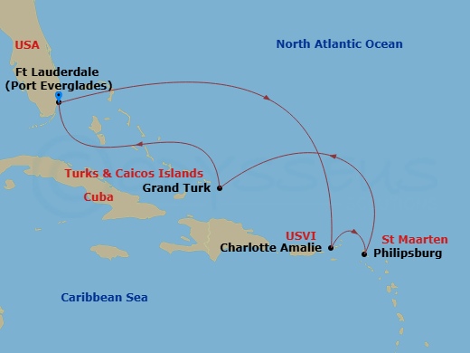 Star Princess - 8 Night - Eastern Caribbean with St. Thomas - Star Princess - Starting in Fort Lauderdale, Florida, St Thomas, US Virgin Islands, St Maarten, Grand Turk, Turk.. itinerary map