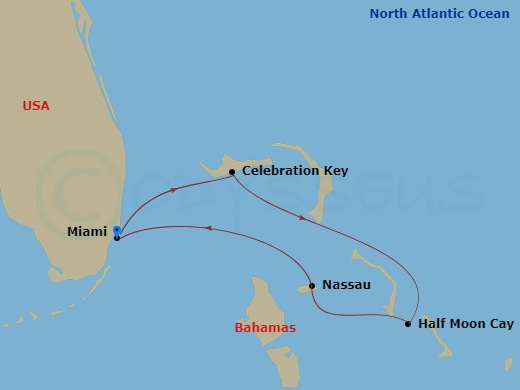 Carnival Sunrise - 5 Night - Bahamas - Carnival Sunrise - Starting in Miami, Fl, Celebration Key, the Bahamas, Relaxaway, Half Moon Cay, Nassau, Bahamas, Miami, Fl itinerary map