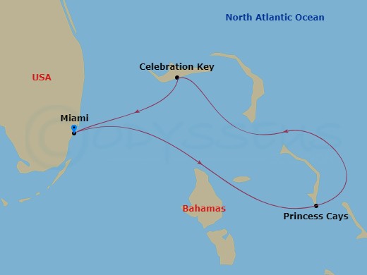 Carnival Sunrise - 4 Night - Bahamas - Carnival Sunrise - Starting in Miami, Fl, Princess Cays, the Bahamas, Ship Meetup, Celebration Key, the Bahamas, Miami, Fl itinerary map