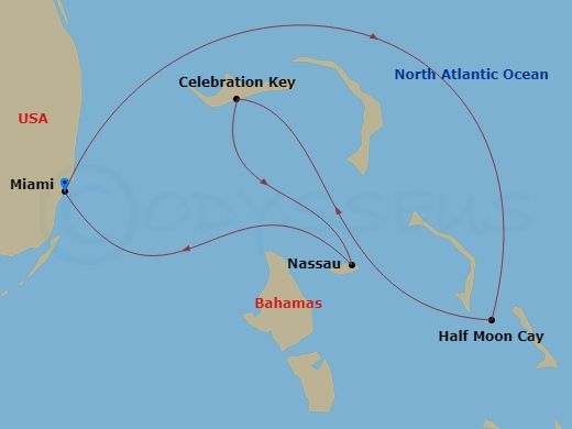 Carnival Sunrise - 5 Night - Bahamas - Carnival Sunrise - Starting in Miami, Fl, Relaxaway, Half Moon Cay, Celebration Key, the Bahamas, Nassau, Bahamas, Miami, Fl itinerary map