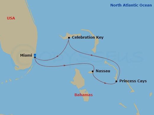 Carnival Sunrise - 5 Night - Bahamas - Carnival Sunrise - Starting in Miami, Fl, Nassau, Bahamas, Princess Cays, the Bahamas, Celebration Key, the Bahamas, Miami, Fl itinerary map
