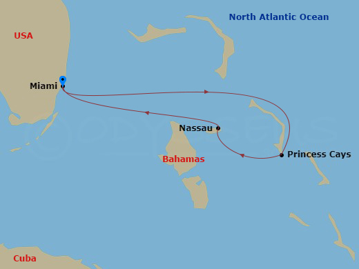 Carnival Sunrise - 4 Night - Bahamas - Carnival Sunrise - Starting in Miami, Fl, Princess Cays, the Bahamas, Nassau, Bahamas, Miami, Fl itinerary map