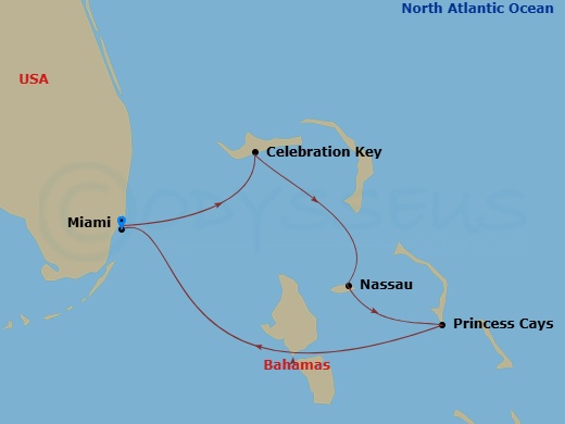 Carnival Sunrise - 5 Night - Bahamas - Carnival Sunrise - Starting in Miami, Fl, Celebration Key, the Bahamas, Nassau, Bahamas, Princess Cays, the Bahamas, Miami, Fl itinerary map