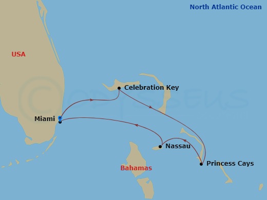 Carnival Sunrise - 5 Night - Bahamas - Carnival Sunrise - Starting in Miami, Fl, Celebration Key, the Bahamas, Princess Cays, the Bahamas, Nassau, Bahamas, Miami, Fl itinerary map