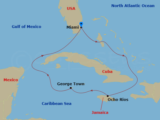 Carnival Sunrise - 5 Night - Western Caribbean - Carnival Sunrise - Starting in Miami, Fl, Ocho Rios, Jamaica, Grand Cayman, Cayman Islands, Miami, Fl itinerary map