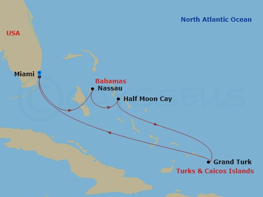 Carnival Sunrise - 5 Night - Eastern Caribbean - Carnival Sunrise - Starting in Miami, Fl, Nassau, Bahamas, Half Moon Cay, the Bahamas, Grand Turk, Miami, Fl itinerary map
