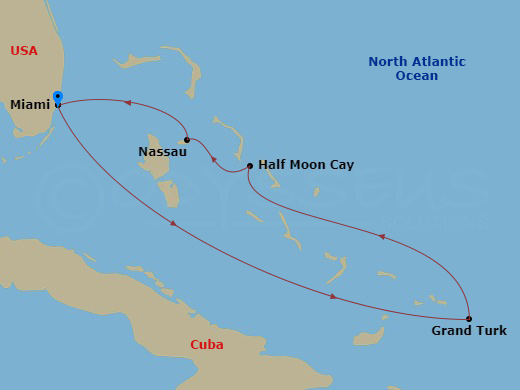 Carnival Sunrise - 5 Night - Eastern Caribbean - Carnival Sunrise - Starting in Miami, Fl, Grand Turk, Half Moon Cay, the Bahamas, Nassau, Bahamas, Miami, Fl itinerary map