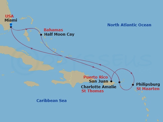 Carnival Magic - 8 Night - Eastern Caribbean - Carnival Magic - Starting in Miami, Fl, Princess Cays, the Bahamas, San Juan, Puerto Rico, St Maarten, St Croix, US Virgin Islan.. itinerary map