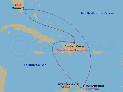 Carnival Magic - 8 Night - Southern Caribbean - Carnival Magic - Starting in Miami, Fl, Amber Cove, Dominican Republic, Aruba, Curacao, Miami, Fl itinerary map
