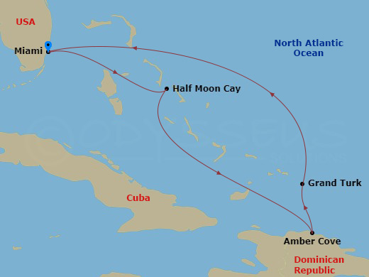 Carnival Magic - 6 Night - Eastern Caribbean - Carnival Magic - Starting in Miami, Fl, Relaxaway, Half Moon Cay, Amber Cove, Dominican Republic, Grand Turk, Miami, Fl itinerary map