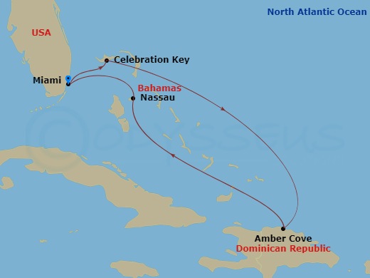 Carnival Magic - 6 Night - Eastern Caribbean - Carnival Magic - Starting in Miami, Fl, Celebration Key, the Bahamas, Amber Cove, Dominican Republic, Nassau, Bahamas, Miami, Fl itinerary map