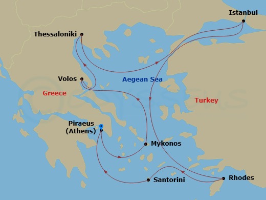 Silver Muse - 10 Night - Athens to Athens - Silver Muse - Starting in Athens (Piraeus), Mykonos, Volos, Thessaloniki, Istanbul, Rhodes, Santorini, Athens (Piraeus) itinerary map