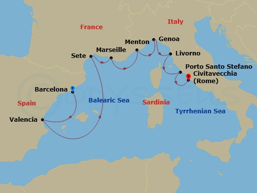 Silver Muse - 10 Night - Barcelona to Civitavecchia - Silver Muse - Starting in Barcelona, Valencia, Sete, Marseille, Menton, Genoa, Livorno (Tuscany), Porto Santo Stefano,.. itinerary map