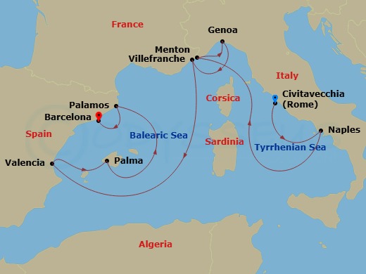 Silver Muse - 10 Night - Civitavecchia to Barcelona - Silver Muse - Starting in Civitavecchia (Rome), Naples, Menton, Genoa, Villefranche, Valencia, Palma De Mallorca, Pala.. itinerary map
