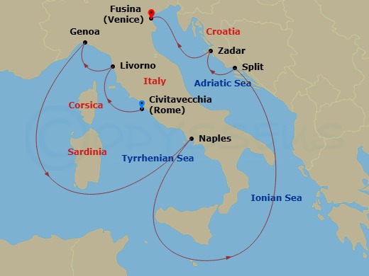 Silver Muse - 10 Night - Civitavecchia to Fusina - Silver Muse - Starting in Civitavecchia (Rome), Livorno (Tuscany), Genoa, Naples, Split, Zadar, Fusina (Venice) itinerary map