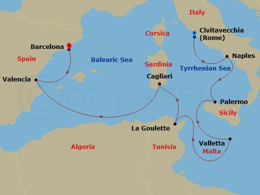 Silver Muse - 10 Night - Civitavecchia to Barcelona - Silver Muse - Starting in Civitavecchia (Rome), Naples, Palermo, Sicily, Valletta, Tunis (La Goulette), Cagliari (Sard.. itinerary map