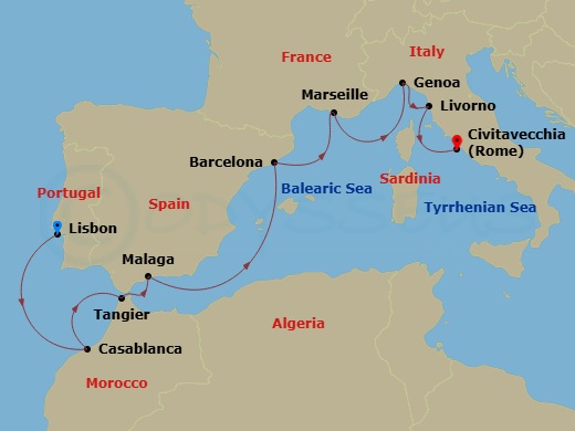 Silver Muse - 10 Night - Lisbon to Civitavecchia - Silver Muse - Starting in Lisbon, Casablanca, Tangier, Malaga (Costa del Sol), Barcelona, Marseille, Genoa, Livorno (Tusc.. itinerary map