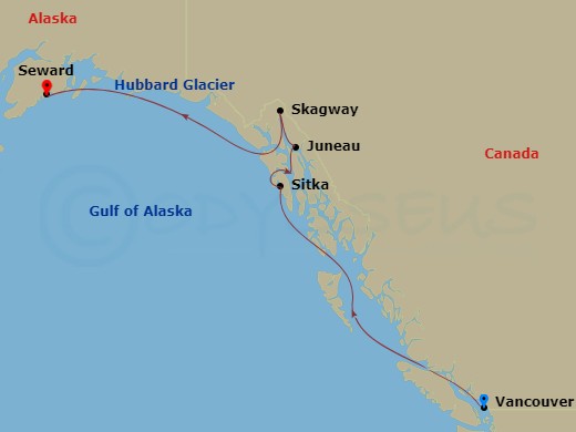 RCL Ovation Of The Seas - 7 Night - Northbound Alaska & Hubbard Glacier - RCL Ovation Of The Seas - Starting in Vancouver, British Columbia, Sitka, Alaska, Juneau, Alaska, Skagway, Ala.. itinerary map