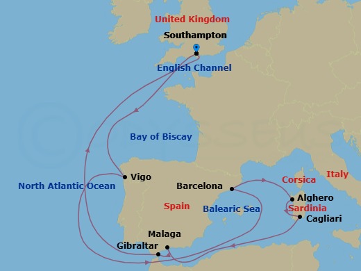 14 Night - Spain and Italy - Queen Anne - Starting in Southampton, England, UK, Vigo (tours to Santiago de Compostela), Spain, Barcelona, Spain, Alghero, Sardinia, Italy, Cagliari, Sardinia, Italy, Malaga (tours to Granada), Spain, Gibraltar, Southampton, England, UK itinerary map