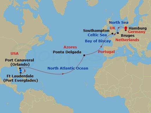 Queen Anne - 17 Night - Fort Lauderdale to Hamburg - Queen Anne - Starting in Fort Lauderdale, FL, Port Canaveral, FL, Ponta Delgada, Azores, Portugal, Southampton, Englan.. itinerary map