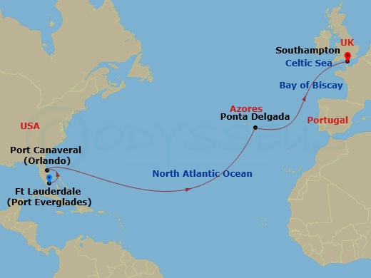 Queen Anne - 14 Night - Fort Lauderdale to Southampton - Queen Anne - Starting in Fort Lauderdale, FL, Port Canaveral, FL, Ponta Delgada, Azores, Portugal, Southampton, En.. itinerary map