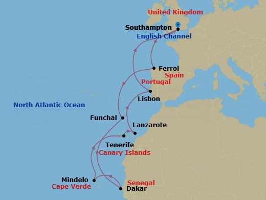 21 Night - Spain, Portugal and North Africa - Queen Mary 2 - Starting in Southampton, England, UK, Ferrol, Spain, Funchal, Madeira, Portugal, Dakar, Senegal, Mindelo, St Vincent, Cape Verde, Tenerife, Spain, Lanzarote, Spain, Lisbon, Portugal, Southampton, England, UK itinerary map