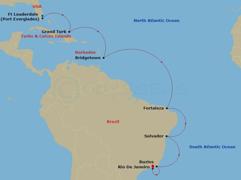 Queen Anne - 17 Night - Fort Lauderdale to Rio De Janeiro - Queen Anne - Starting in Fort Lauderdale, FL, Grand Turk, Turks and Caicos Islands, Bridgetown, Barbados, Forta.. itinerary map