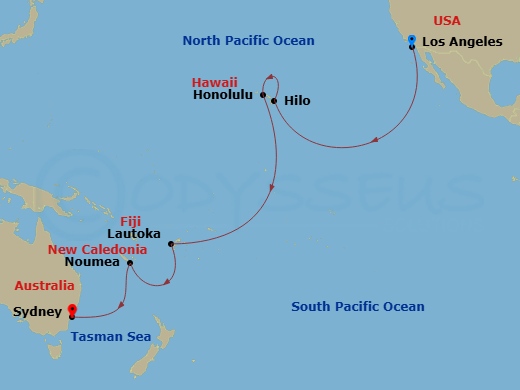 Queen Victoria - 19 Night - Los Angeles to Sydney - Queen Victoria - Starting in Los Angeles, CA, Hilo, HI, Honolulu, HI, Cross International Date Line (Cruise-by), Lautoka, F.. itinerary map