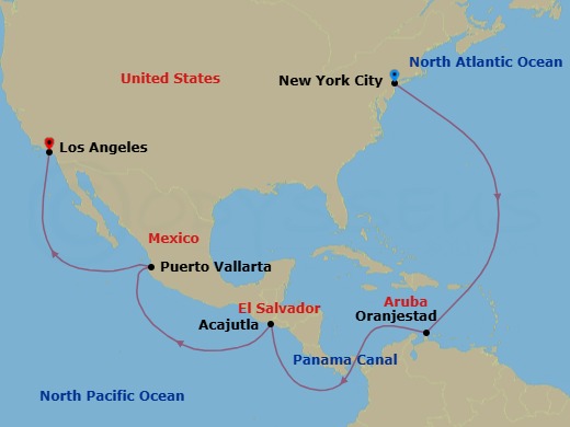 17 Night - New York to Los Angeles - Queen Victoria - Starting in New York, NY, Oranjestad, Aruba, Transit the Panama Canal, Panama (Full Transit), Acajutla, El Salvador, Puerto Vallarta, Mexico, Los Angeles, CA itinerary map