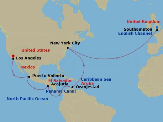 26 Night - Southampton to Los Angeles - Queen Victoria - Starting in Southampton, England, UK, New York, NY, Oranjestad, Aruba, Transit the Panama Canal, Panama (Full Transit), Acajutla, El Salvador, Puerto Vallarta, Mexico, Los Angeles, CA itinerary map