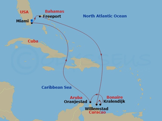 Queen Elizabeth - 9 Night - Western Caribbean - Queen Elizabeth - Starting in Miami, FL, Freeport, Bahamas, Willemstad AN, Curacao, Kralendijk, Bonaire, St Eustatius and Saba,.. itinerary map