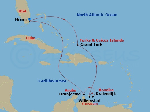 Queen Elizabeth - 9 Night - Eastern Caribbean - Queen Elizabeth - Starting in Miami, FL, Grand Turk, Turks and Caicos Islands, Willemstad AN, Curacao, Kralendijk, Bonaire, St E.. itinerary map