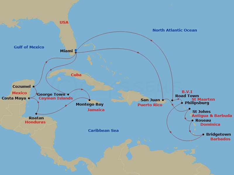 Queen Elizabeth - 21 Night - Caribbean Roundtrip from Miami - Queen Elizabeth - Starting in Miami, FL, Grand Cayman, Cayman Islands, Montego Bay, Jamaica, Roatan, Honduras, Cos.. itinerary map