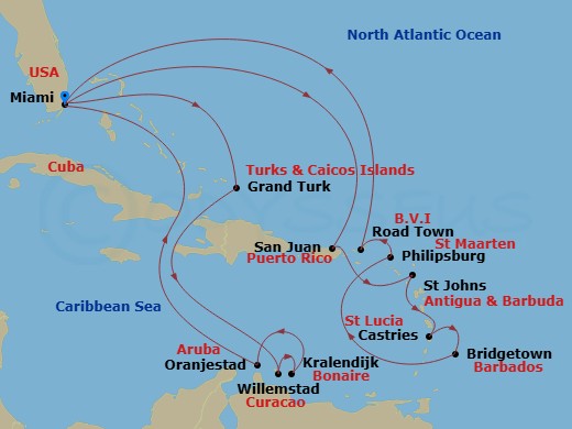 Queen Elizabeth - 21 Night - Caribbean Roundtrip from Miami - Queen Elizabeth - Starting in Miami, FL, Grand Turk, Turks and Caicos Islands, Willemstad AN, Curacao, Kralendijk,.. itinerary map