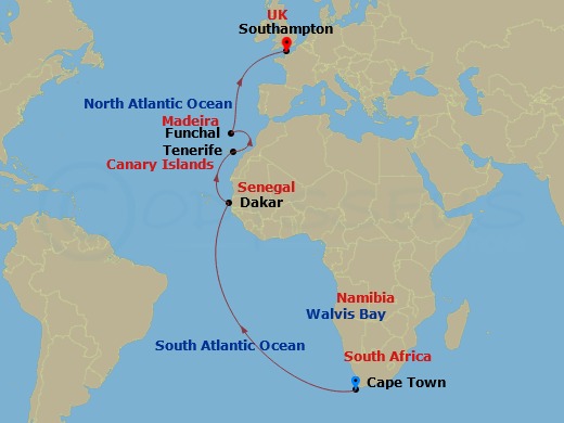 Queen Victoria - 20 Night - Cape Town to Southampton - Queen Victoria - Starting in Cape Town, South Africa, Walvis Bay, Namibia, Dakar, Senegal, Tenerife, Spain, Funchal, Mad.. itinerary map