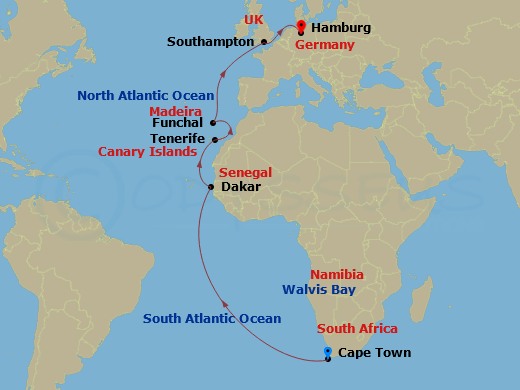 Queen Victoria - 22 Night - Cape Town to Hamburg - Queen Victoria - Starting in Cape Town, South Africa, Walvis Bay, Namibia, Dakar, Senegal, Tenerife, Spain, Funchal, Madeira.. itinerary map