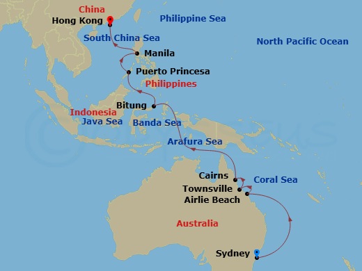 Queen Victoria - 19 Night - Sydney to Hong Kong - Queen Victoria - Starting in Sydney AU, Australia, Airlie Beach, Australia, Townsville, Australia, Cairns, Australia, Bitung,.. itinerary map
