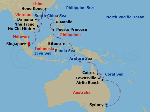 Queen Victoria - 26 Night - Sydney to Singapore - Queen Victoria - Starting in Sydney AU, Australia, Airlie Beach, Australia, Townsville, Australia, Cairns, Australia, Bitung,.. itinerary map