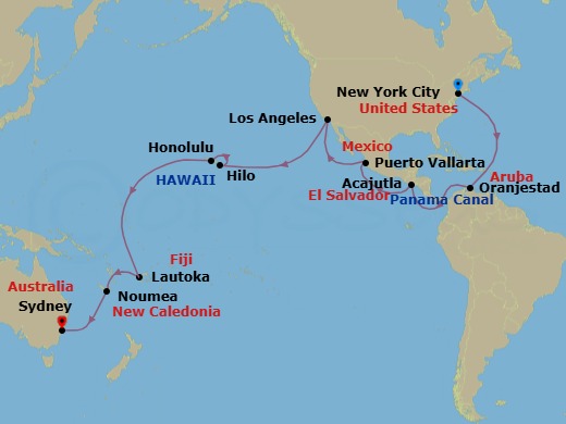 35 Night - New York to Sydney - Queen Victoria - Starting in New York, NY, Oranjestad, Aruba, Transit the Panama Canal, Panama (Full Transit), Acajutla, El Salvador, Puerto Vallarta, Mexico, Los Angeles, CA, Hilo, HI, Honolulu, HI, Cross International Date Line (Cruise-by), Lautoka, Fiji, Noumea, New Caledonia itinerary map