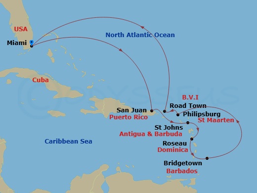 Queen Elizabeth - 12 Night - Eastern Caribbean - Queen Elizabeth - Starting in Miami, FL, San Juan, Puerto Rico, St Johns AG, Antigua, Roseau, Dominica, Bridgetown, Barbados, P.. itinerary map