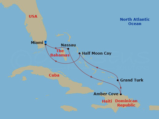 Queen Elizabeth - 7 Night - Eastern Caribbean - Queen Elizabeth - Starting in Miami, FL, Nassau, Bahamas, Amber Cove, Dominican Republic, Grand Turk, Turks and Caicos Islands,.. itinerary map