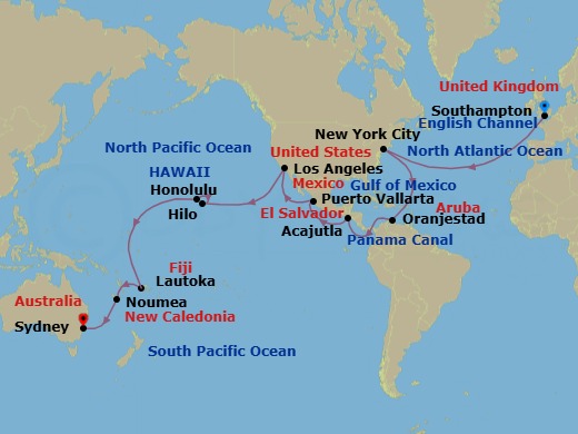 44 Night - Southampton to Sydney - Queen Victoria - Starting in Southampton, England, UK, New York, NY, Oranjestad, Aruba, Transit the Panama Canal, Panama (Full Transit), Acajutla, El Salvador, Puerto Vallarta, Mexico, Los Angeles, CA, Hilo, HI, Honolulu, HI, Cross International Date Line (Cruise-by), Lautoka, Fiji, Noumea, New Caledonia itinerary map