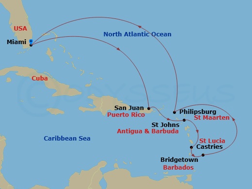 Queen Elizabeth - 12 Night - Caribbean Celebration - Queen Elizabeth - Starting in Miami, FL, San Juan, Puerto Rico, St Johns AG, Antigua, Castries, St Lucia, Bridgetown, Barba.. itinerary map